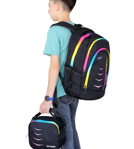 3-Piece Black School Bag Set with Rainbow Zipper Design