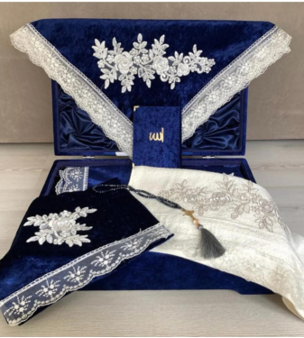 Navy Blue Velvet Prayer Rug Set - 7 Pieces - Dilek
