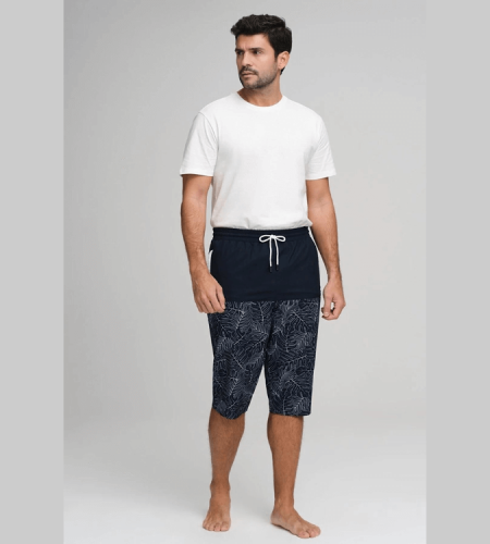 Men's Navy Leaf Patterned Shorts - Haşema 