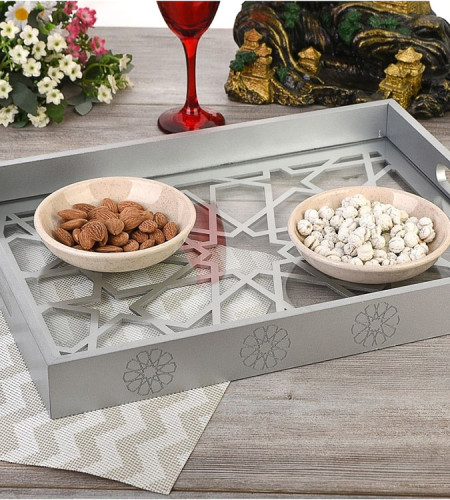 Wooden Glass Luxe Decorated Silver Lacquer Tray