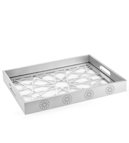 Wooden Glass Luxe Decorated Silver Lacquer Tray