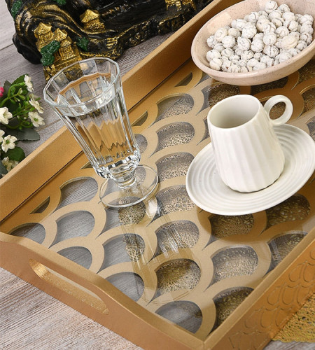 Wooden Glass Luxe Decorated Gold Lacquer Tray