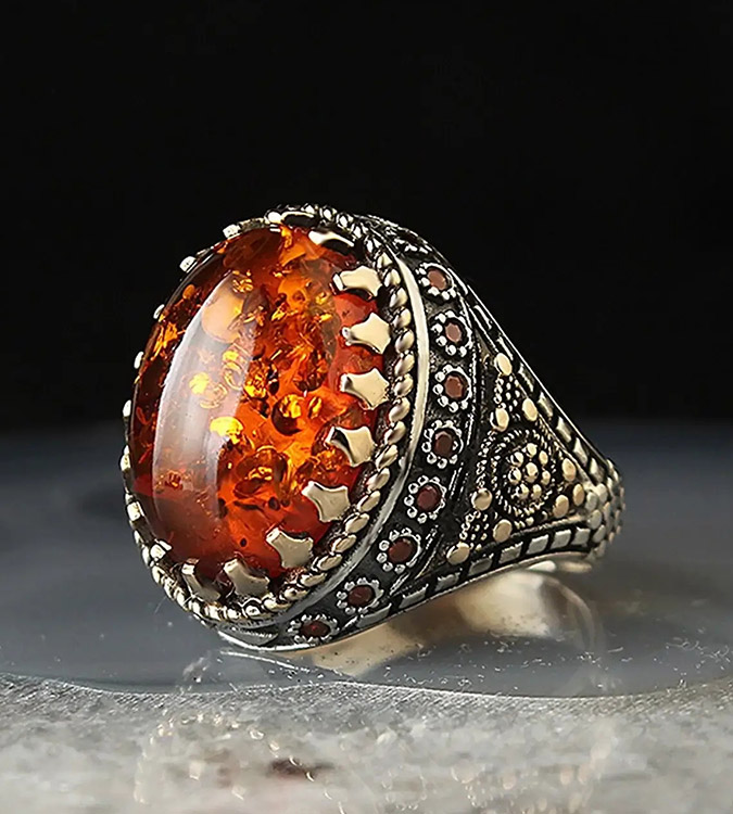 Sterling Silver Men's Ring 925  with Amber Stone