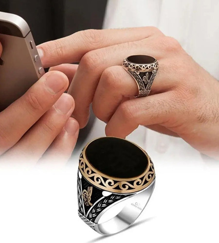 Onyx Stone Tughra Patterned Silver Men's Ring