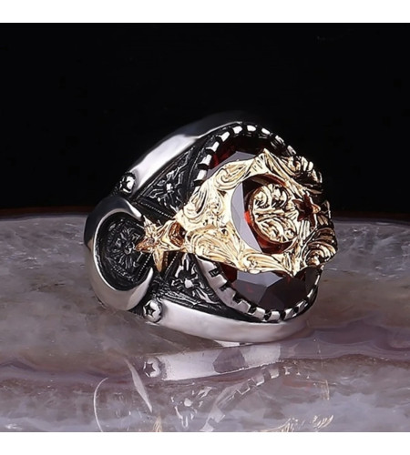 Silver Men's Ring with Zircon stone 925 with Red Zyrcon Stone