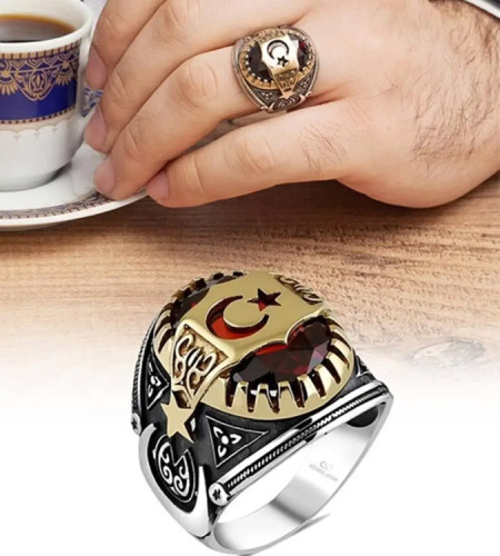 Sterling Silver Men's Ring 925 with Star and Crescent Motif