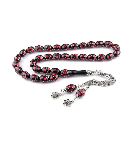 Red Enamel and Silver Embroidered Oltu Rosary