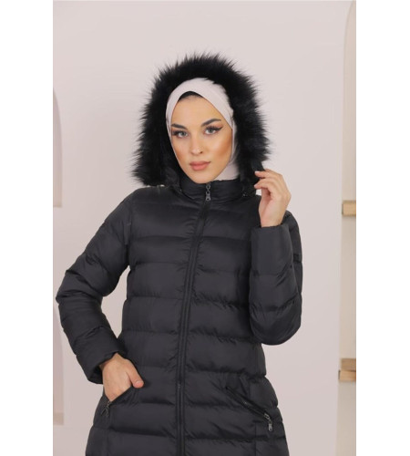 Women's long puffer coat, colour black
