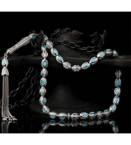Sterling Silver Rosary 925 with  Zircon Stone and Turquoise Embroidered
