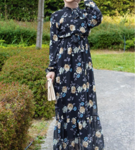 Tesettür Dunyası's Floral Patterned Chiffon Dress
