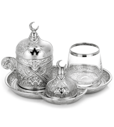 set of Turkish coffee cups for one person, with a cup of water and a serving tray