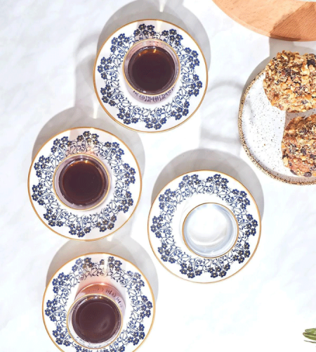 Karaca Turkish tea cups set for 6 people, blue color