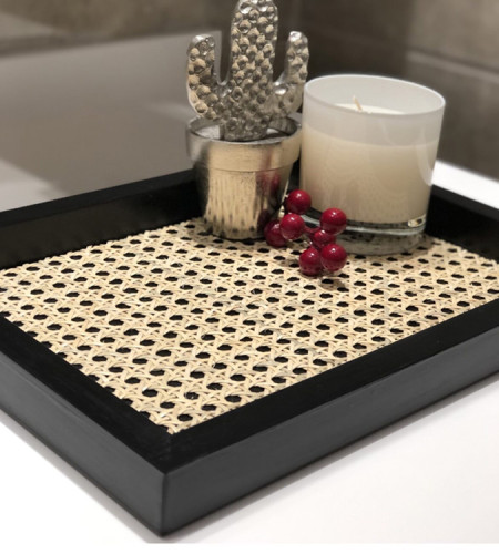 Handmade black wooden tray with natural bamboo design