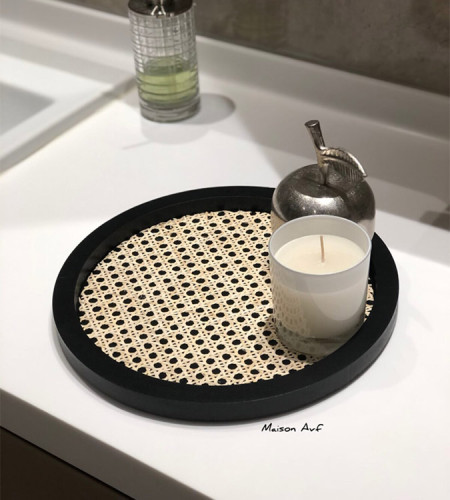 Handmade Black Round Wooden Tray with Natural Bamboo Design
