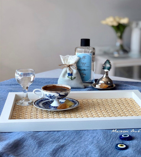 Handmade white wooden tray with natural bamboo design