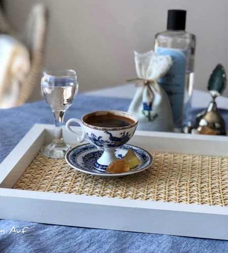Handmade white wooden tray with natural bamboo design