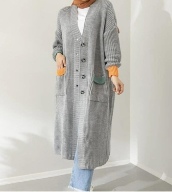 Long Gray Knitted Jacket with Colorful Pockets - Tesetturcemoda