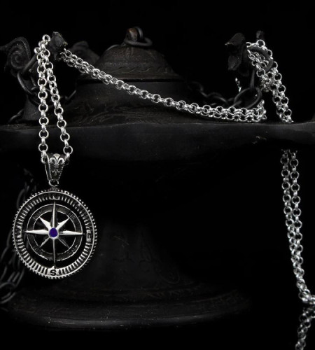 925 Silver Necklace for Men with a Zircon Stone Compass Design