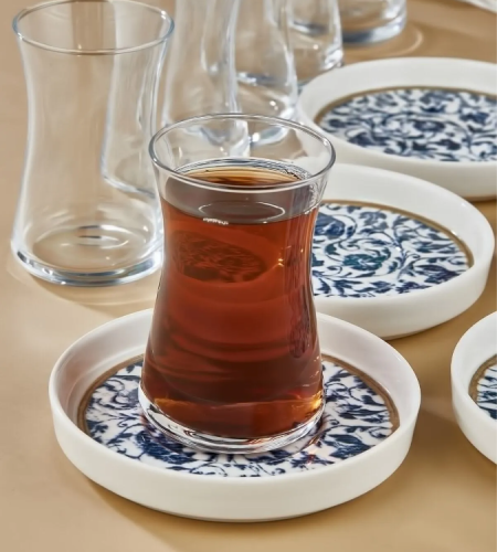 Turkish tea cups set with porcelain plates for 6 persons