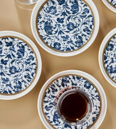 Turkish tea cups set with porcelain plates for 6 persons