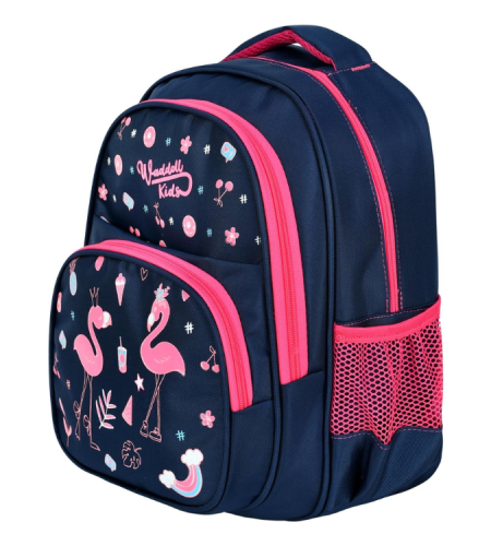 School bag with lunch box in navy blue with flamingo print