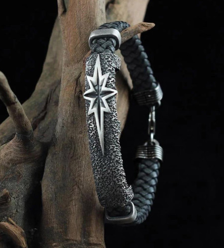 Leather and 925 silver Bracelet for Men with the Polar Star Design